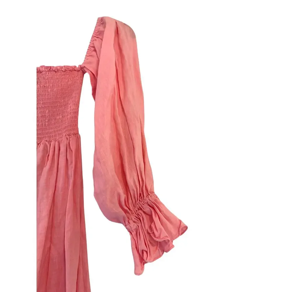 Petal & Pup Pink Linen Smocked Puff Sleeve Maxi Dress S - Picture 5 of 5